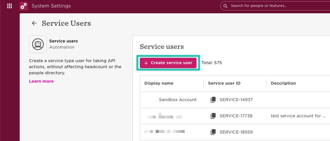 The Service users page with the Create service user button