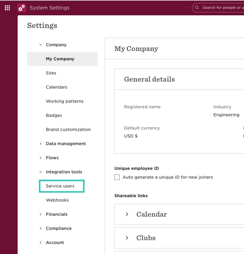 The Integrations dropdown with Service users