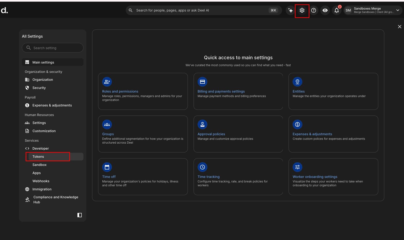 The Deel settings page with the Developer token section