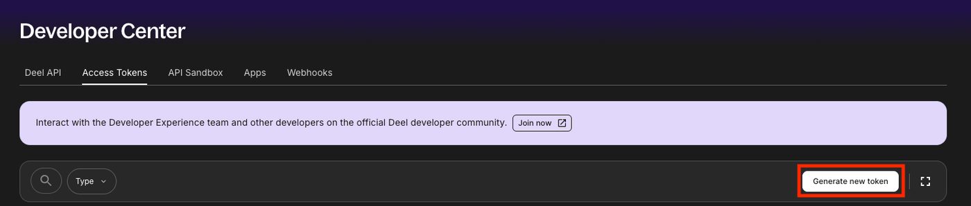 The Access Tokens page with the generate action