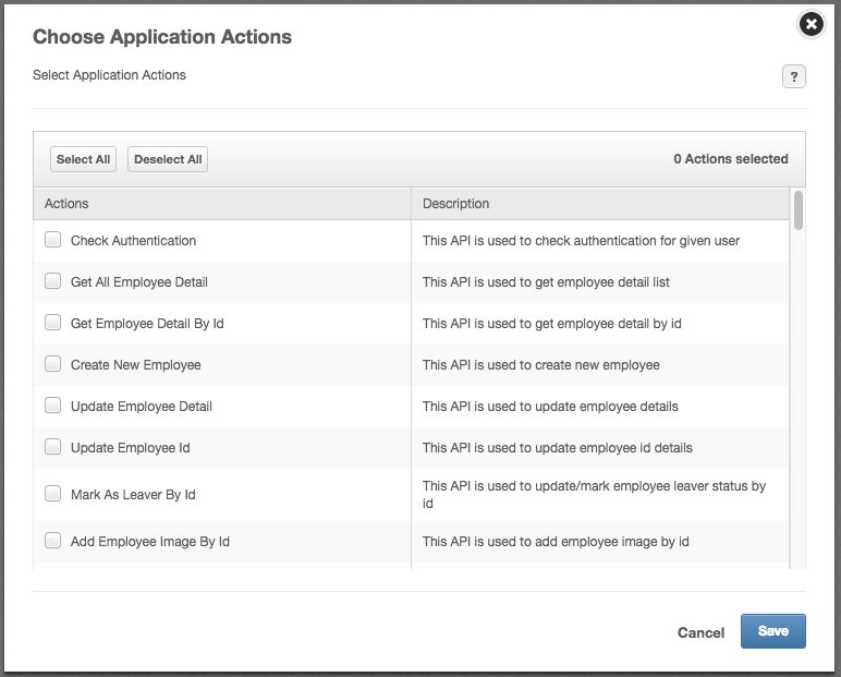 Selecting the employee application actions for the key