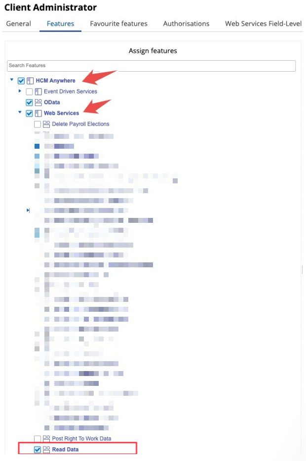 The Web Services feature expanded with Read Data checked