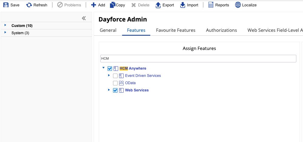 The Features tab with HCM Anywhere and Web Services checked