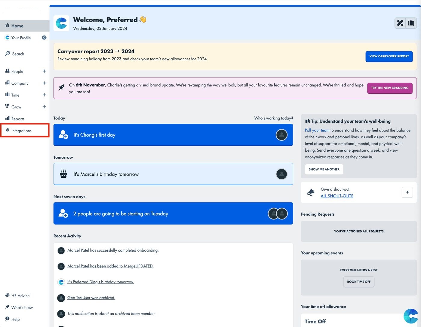 The Charlie left menu with Integrations