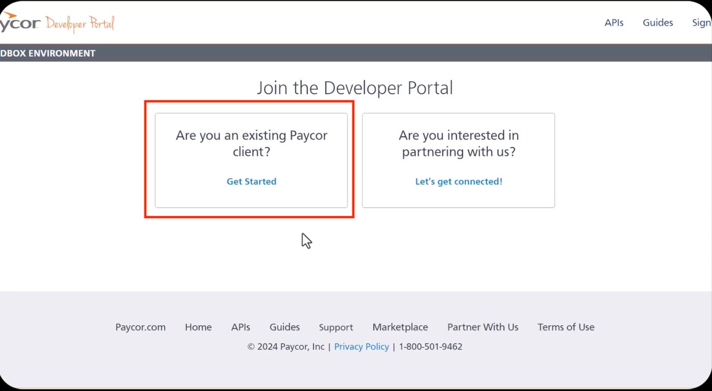 The Paycor sign-up options, with Get Started under the existing-client heading