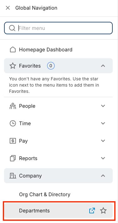 The Paycor menu open at Company, Departments