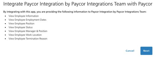 The Paycor authorization screen listing the access being requested