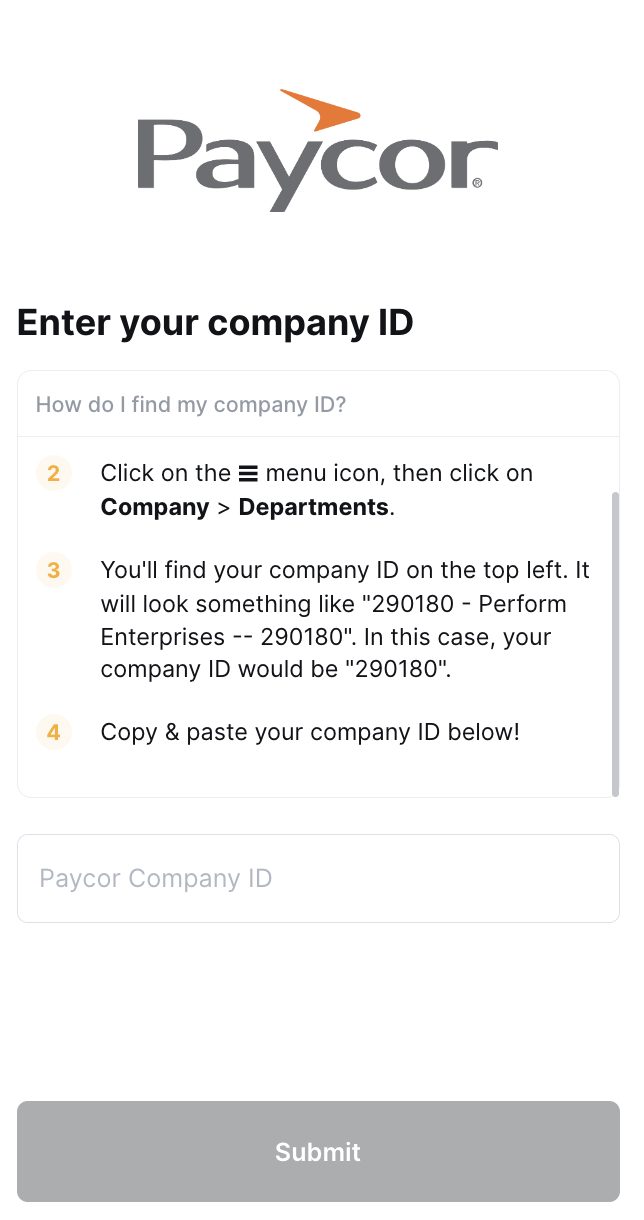 The connection window asking for the Paycor company ID
