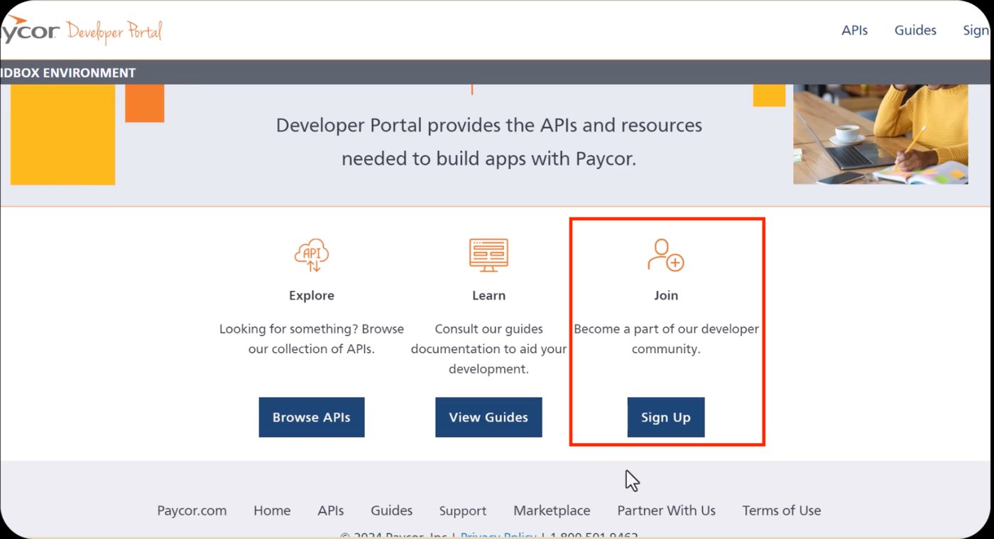 The Paycor developer portal landing page with the Join button