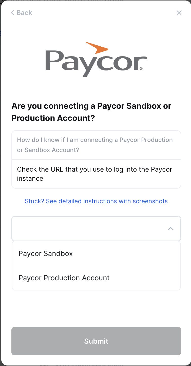 The connection window asking whether this is a Paycor sandbox or production account