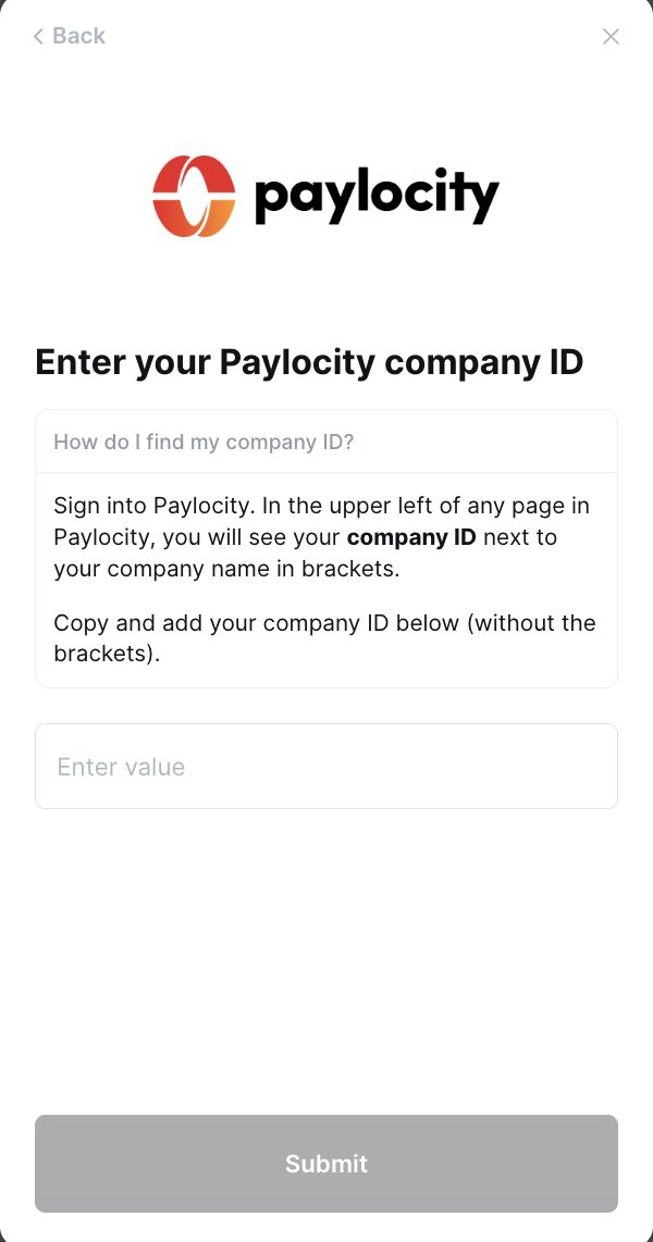 The connection window asking for the Paylocity company ID