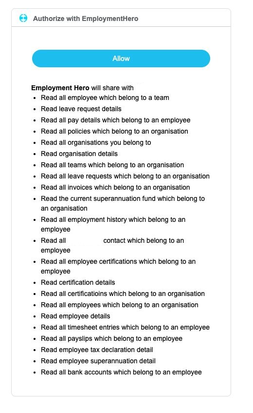 The Employment Hero permissions review screen