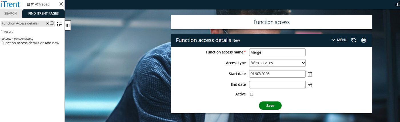 The Function Access Details page with a web services profile