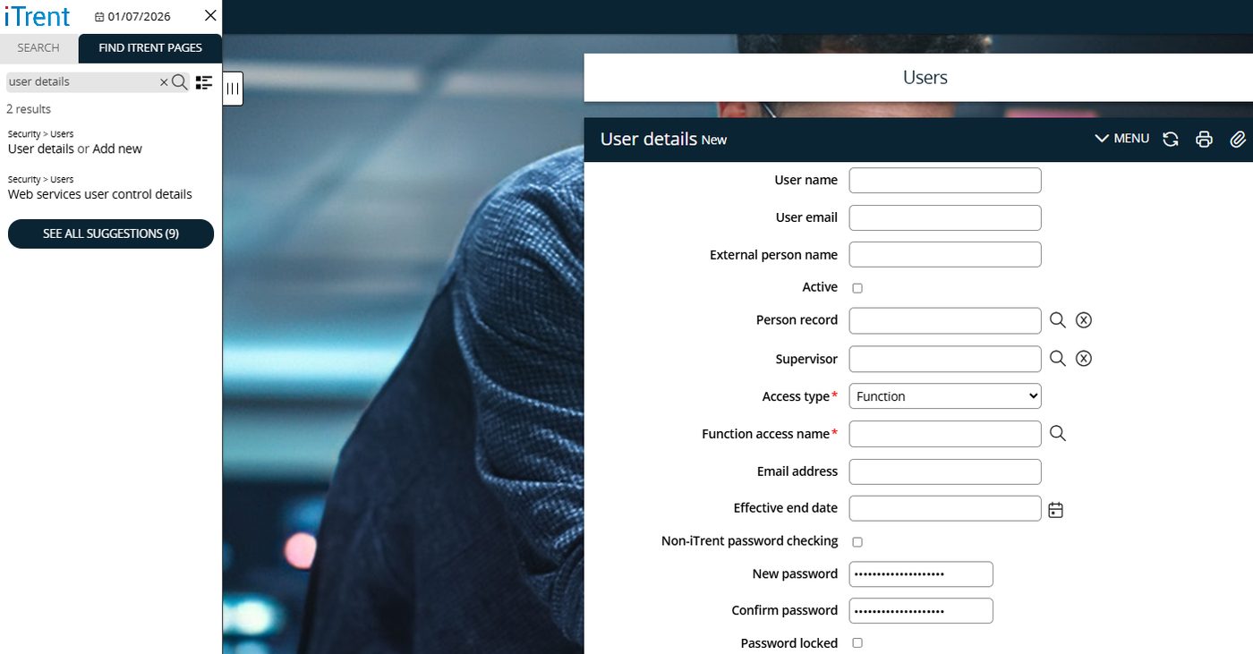 The User Details page with function access selected