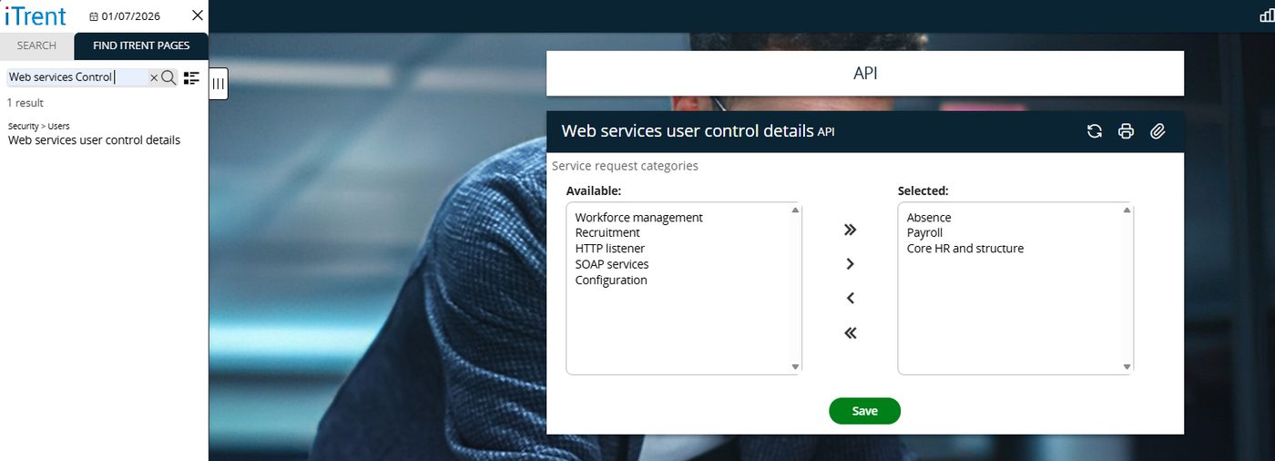 The Web Services User Control Details page with API areas selected