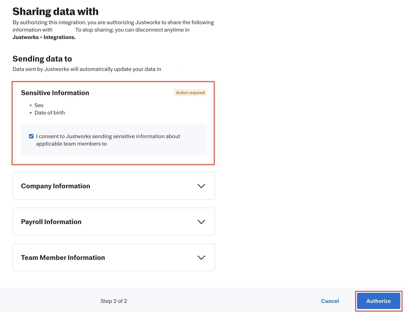 The Justworks authorization screen
