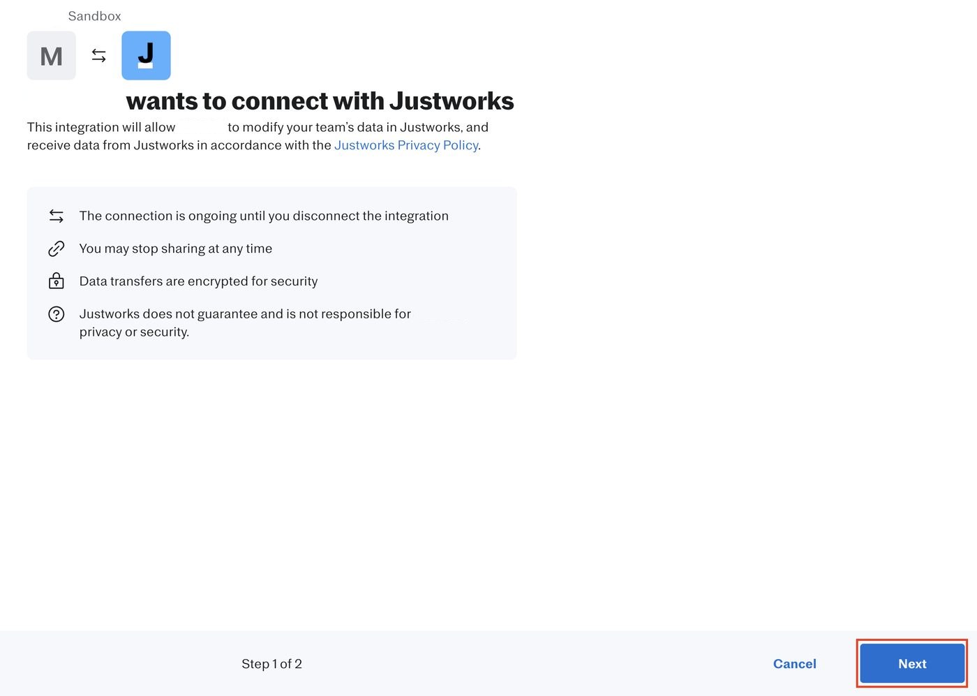 The first authorization screen with the next action