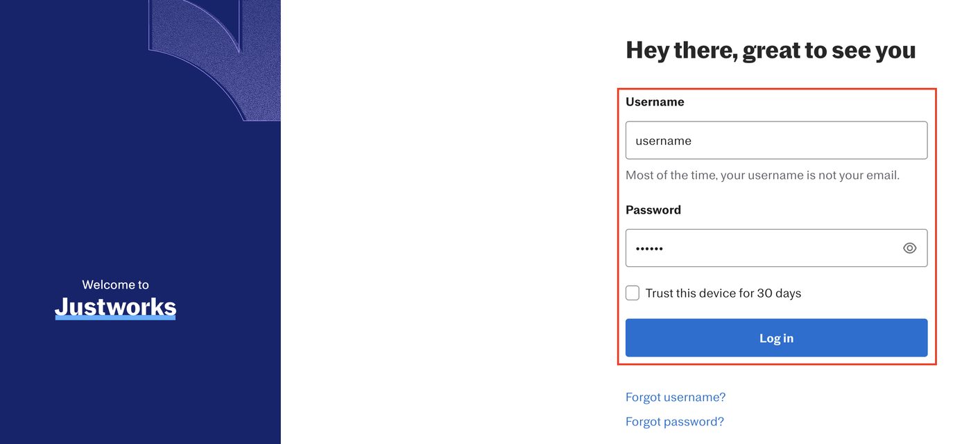 The Justworks sign-in screen