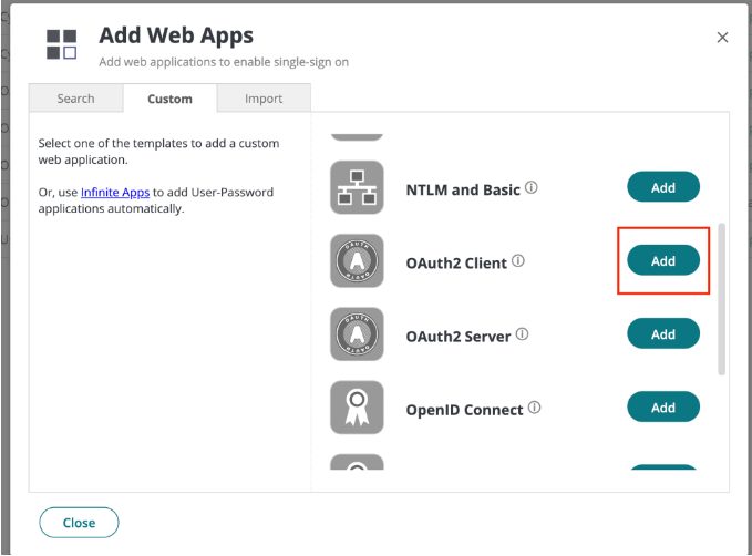Adding a custom OAuth2 client from the Custom tab