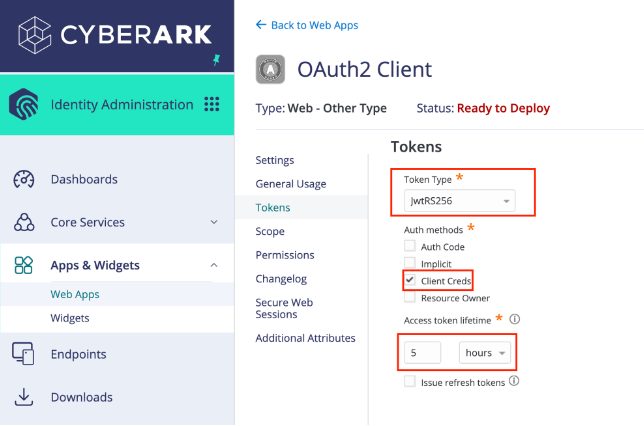 The Tokens page with the token type and auth method set