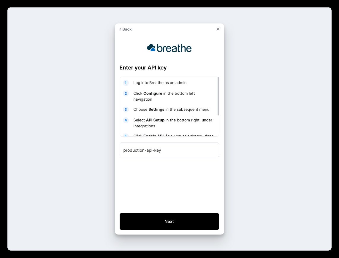 The connection window asking for the Breathe API key