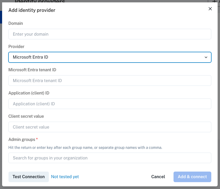 Add identity provider form filled out for Microsoft Entra ID
