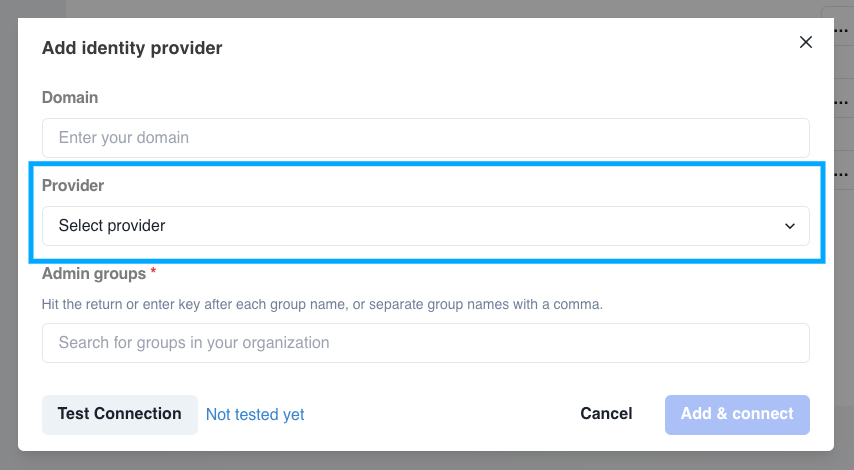 Add identity provider dialog with the Provider selection list open