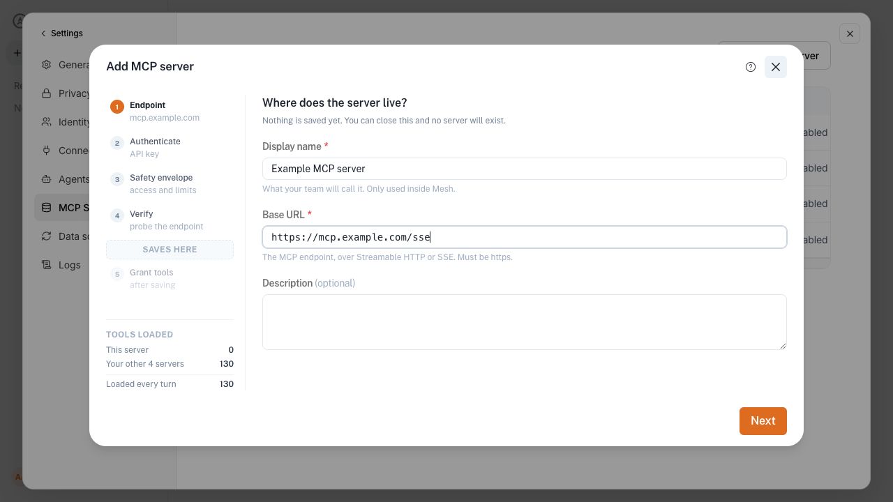 Add MCP server wizard showing the endpoint step