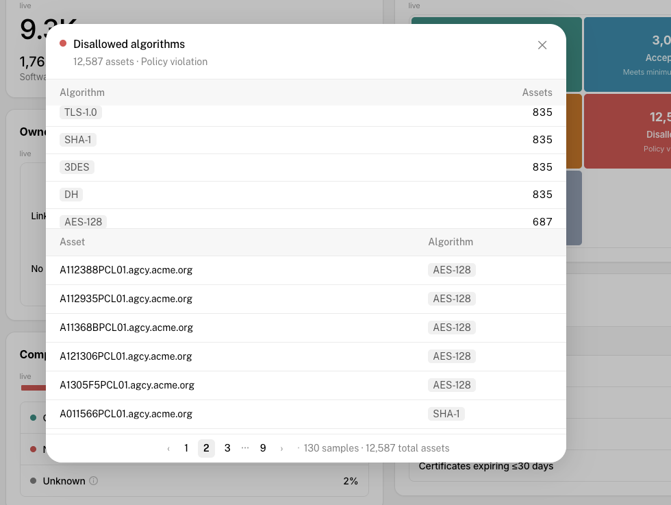 The Disallowed drill-down listing the algorithms in the category with per-algorithm asset counts and a paginated sample of affected assets