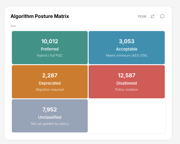 The Algorithm Posture Matrix widget showing live counts of assets graded into Preferred, Acceptable, Deprecated, Disallowed, and Unclassified tiles
