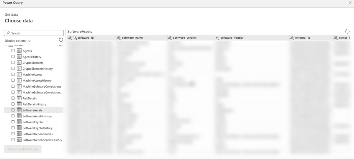 Power BI Navigator listing the Analytics OData entity sets after connecting — SoftwareAssets, SoftwareDependencies, SoftwareCrypto, CryptoElements and the rest.