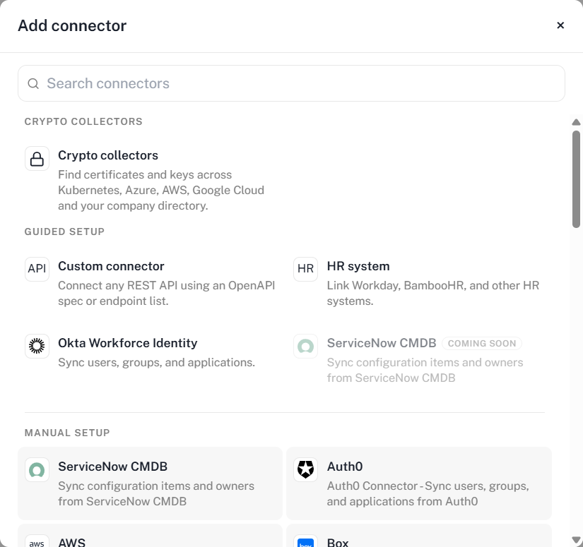 The Add connector panel, with Crypto collectors at the top of the list