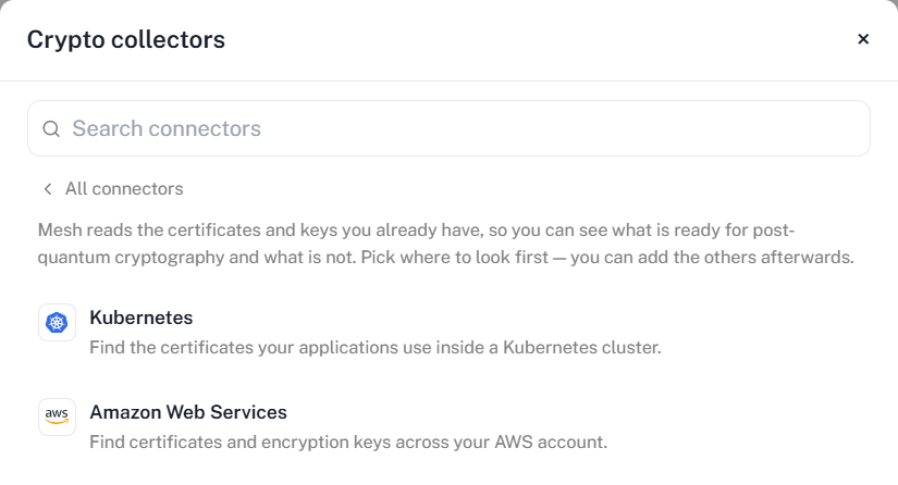 The Crypto collectors panel, offering Kubernetes and Amazon Web Services