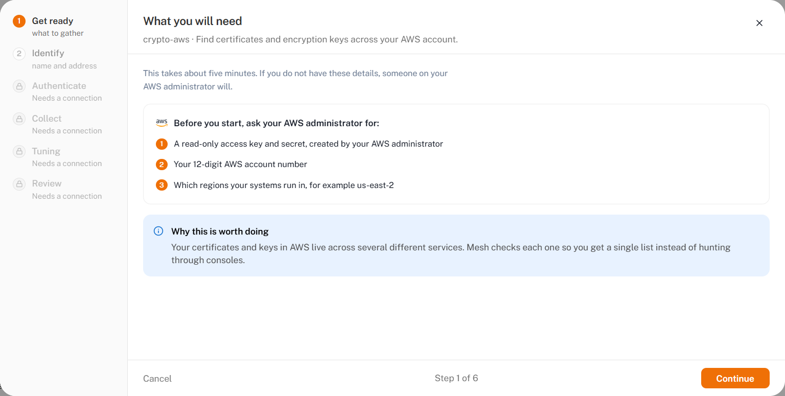 Step 1, Get ready, listing the access key, account number and regions to gather