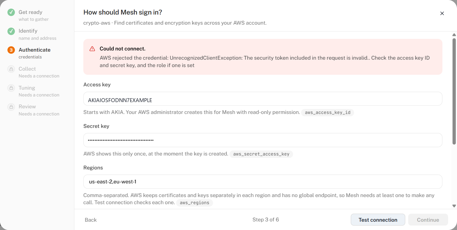 Step 3 reporting that AWS rejected the credential