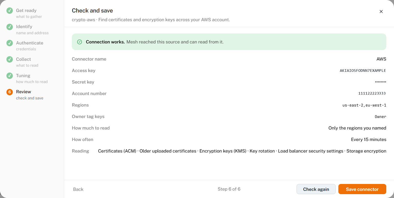 Step 6, Review, summarizing the connector before saving