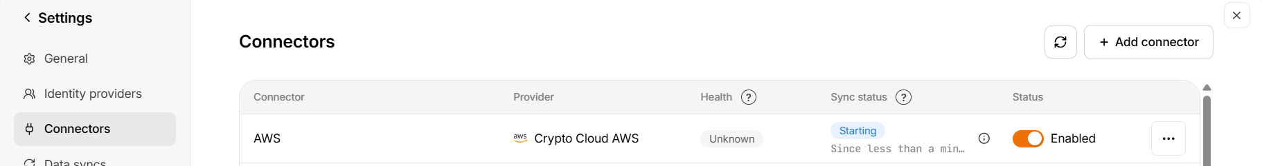 The connector list showing the new AWS connector starting its first collection