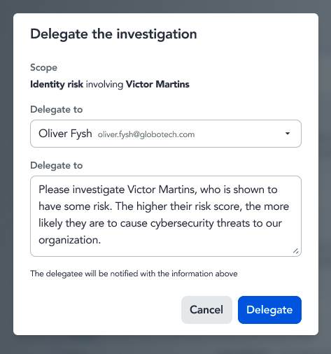 Completed delegation form with a note for the assignee and the Delegate button ready to select