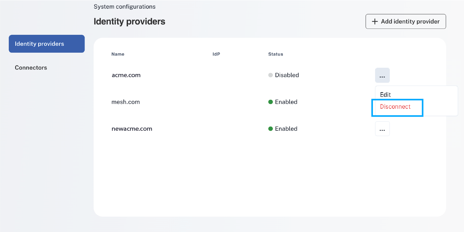 Identity providers page with the row menu open and Disconnect highlighted