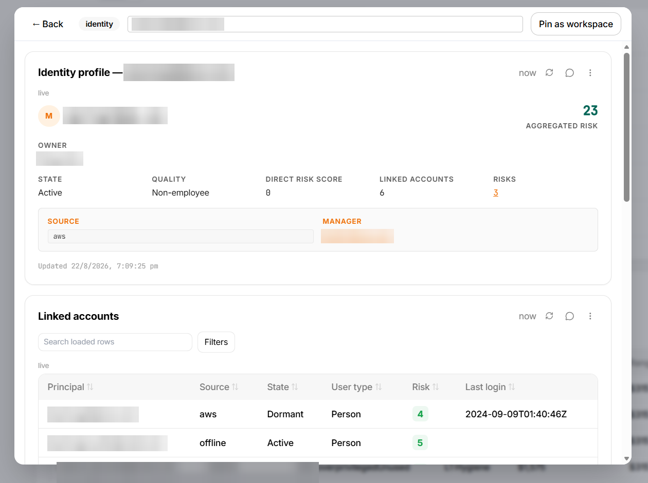 An identity profile focus view showing aggregated risk, owner, state, quality, direct risk score, linked accounts, source and manager, above a Linked accounts table