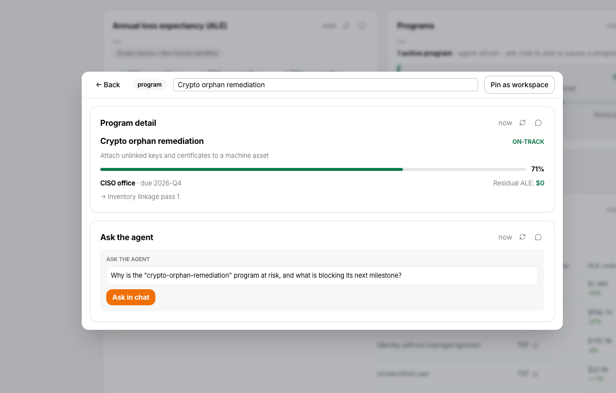 The program drill-down showing program detail and an ask-the-agent prompt