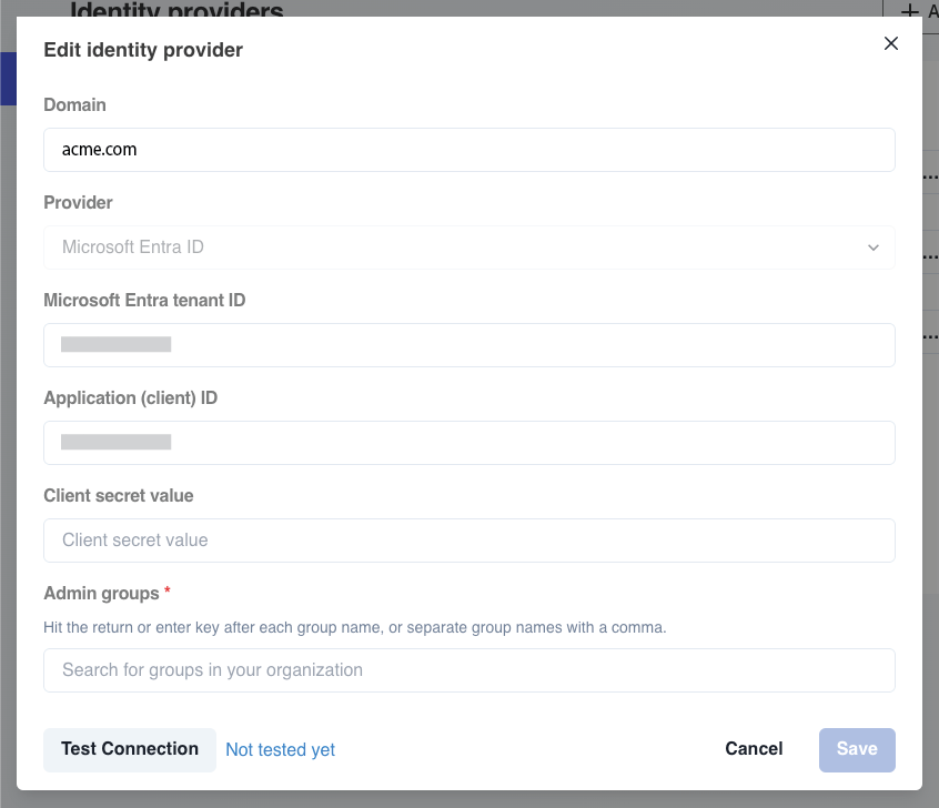 Edit identity provider dialog showing the connection fields