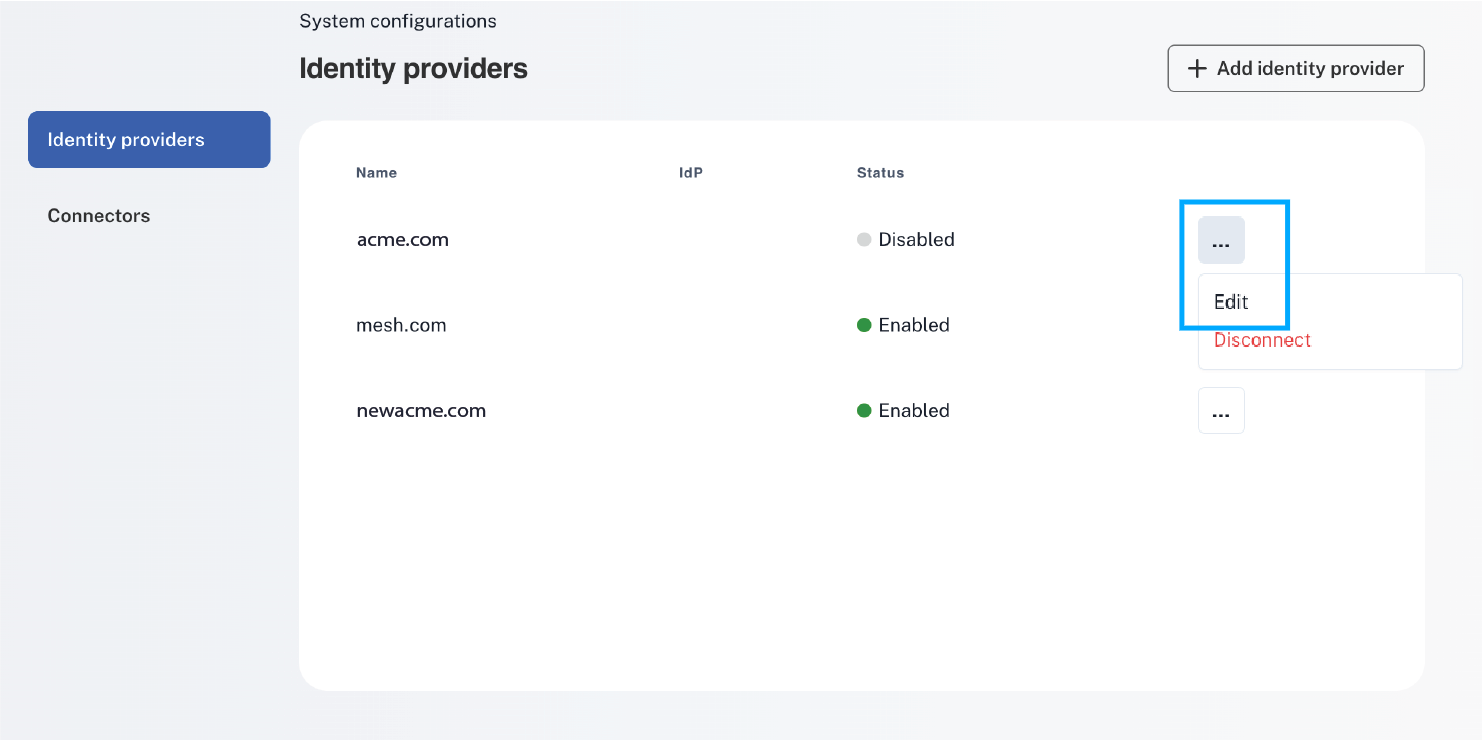 Identity providers page with the row menu open and Edit highlighted