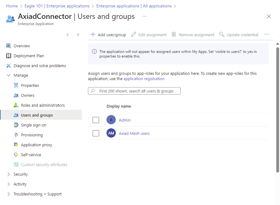 Users and groups page listing the groups assigned to the application