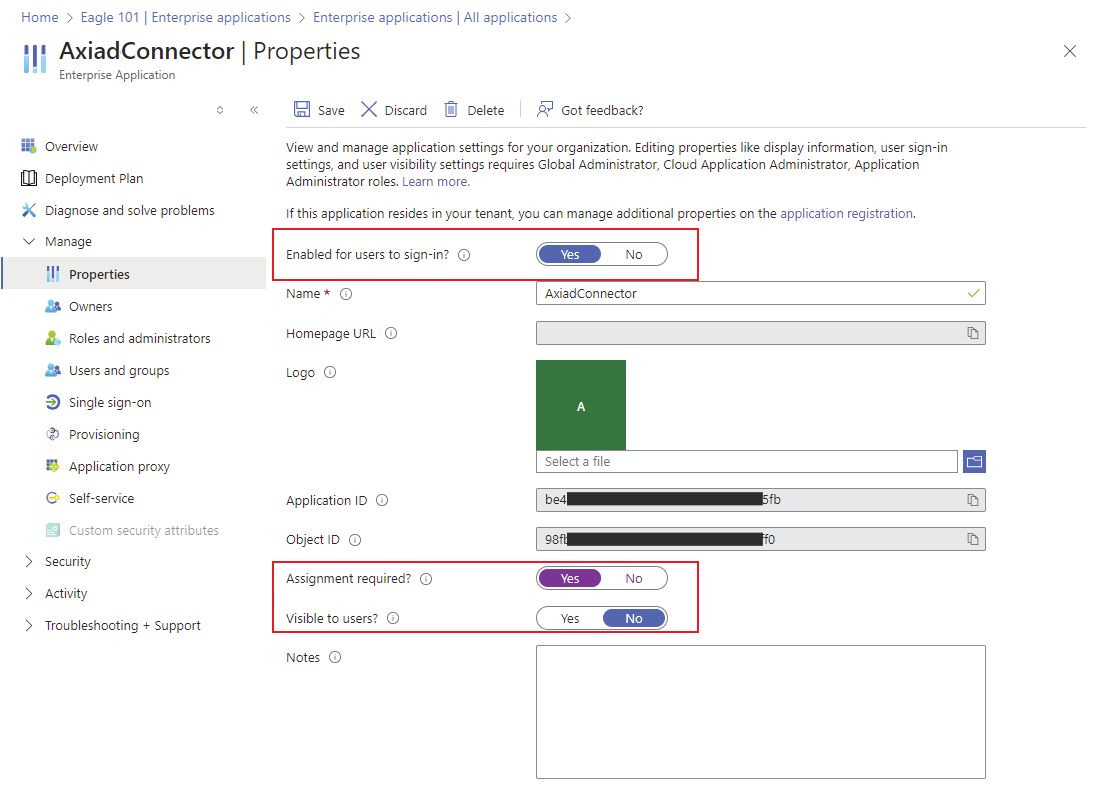Application properties page with sign-in enabled, assignment required, and visibility disabled