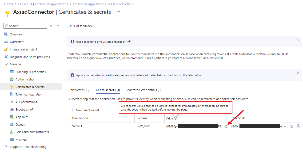 Certificates and secrets page showing the newly created client secret value
