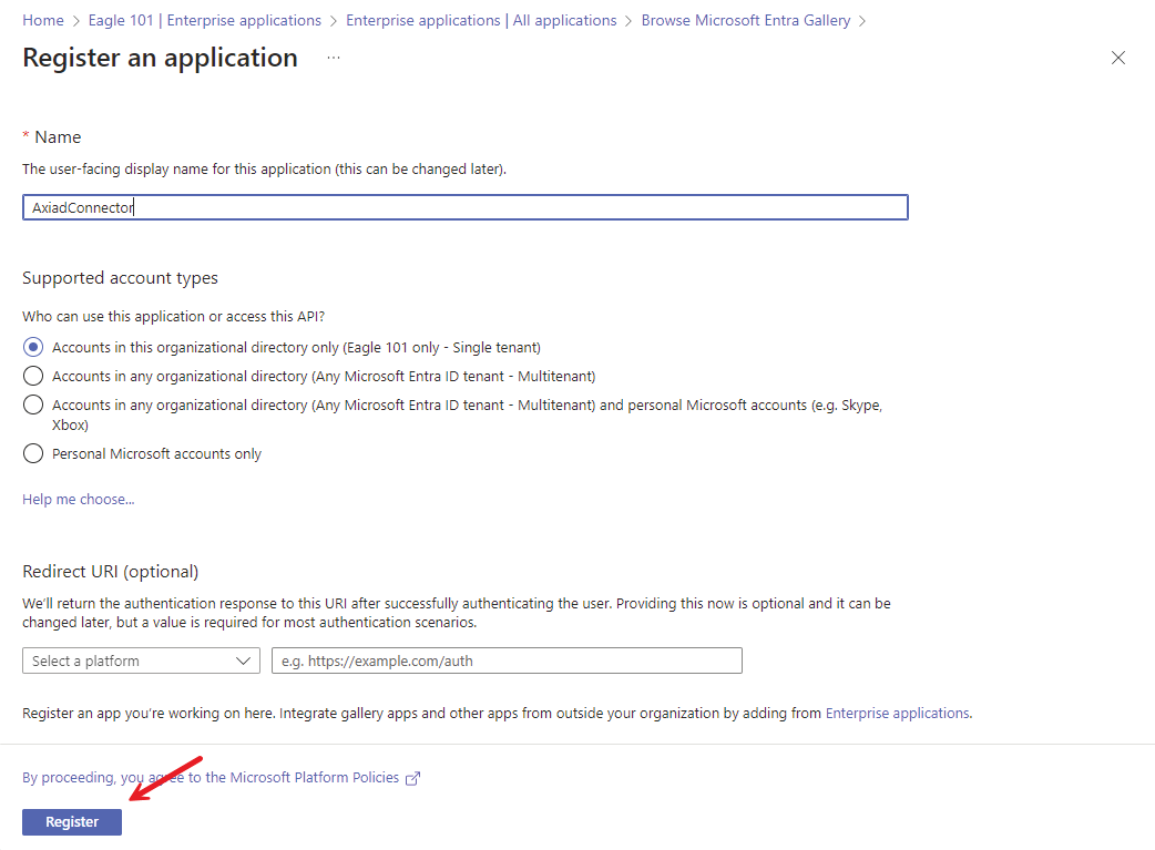 Register an application page with the single-tenant account type selected