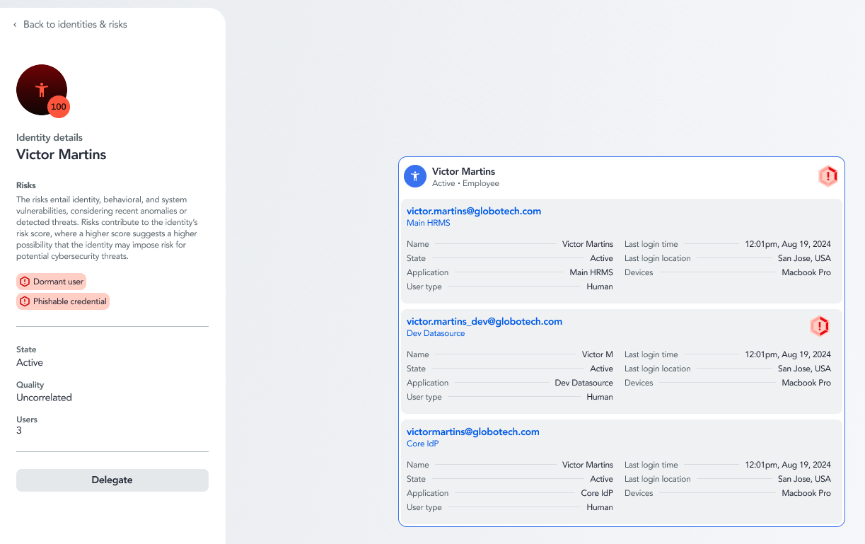 Identity details view correlating one person's accounts across an HR system, a development data source, and an identity provider