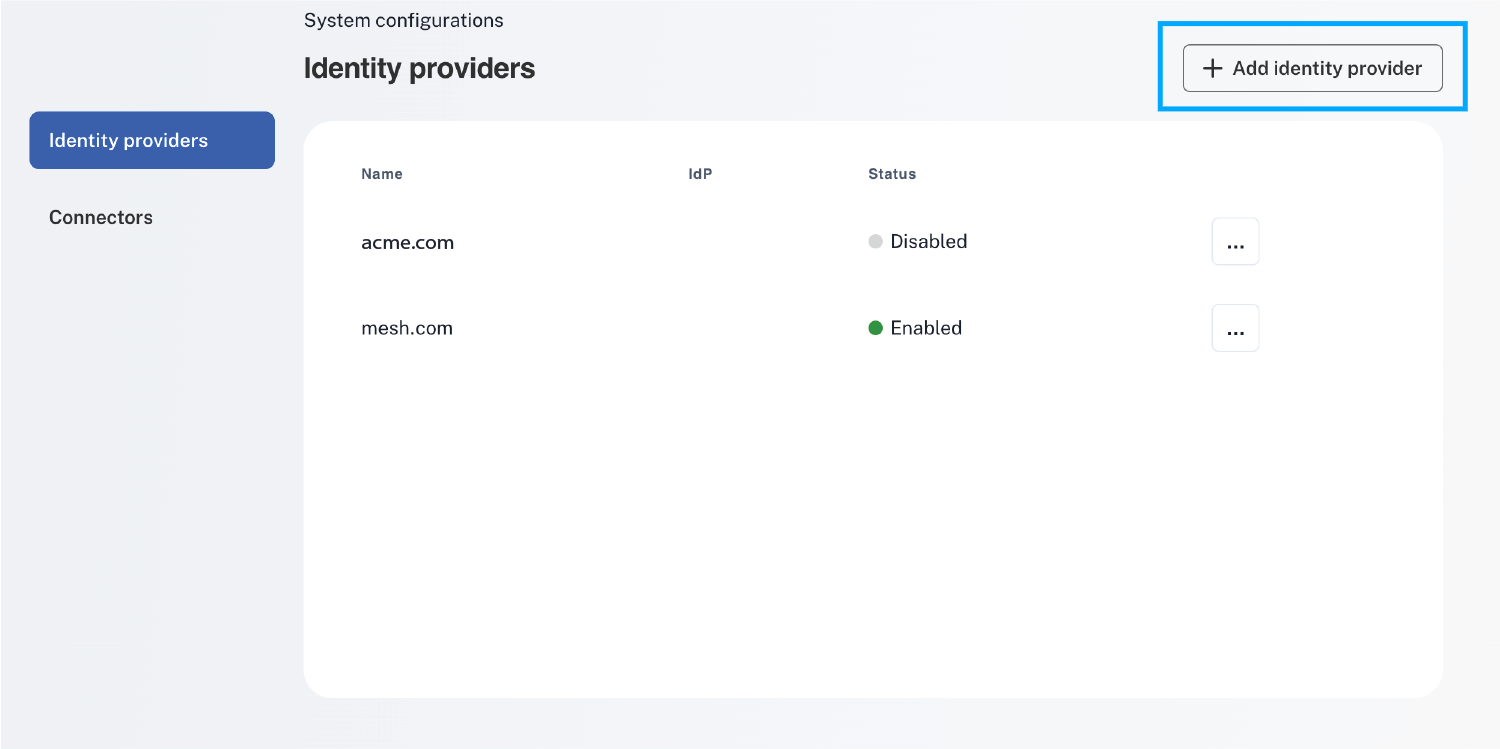 Identity providers page listing existing IdPs, with the Add identity provider button