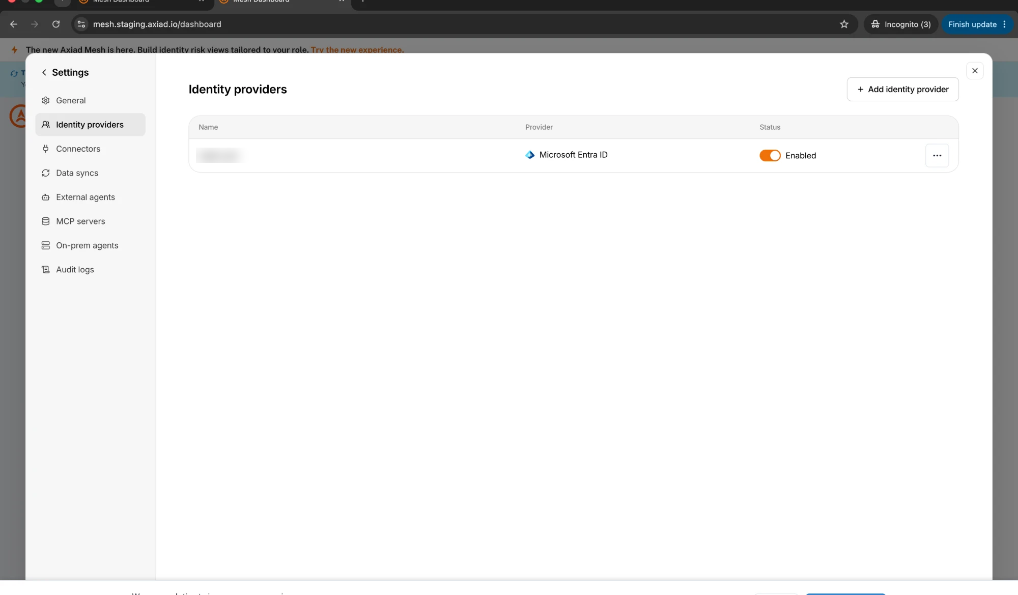 Identity providers list after a removal, showing only the remaining provider